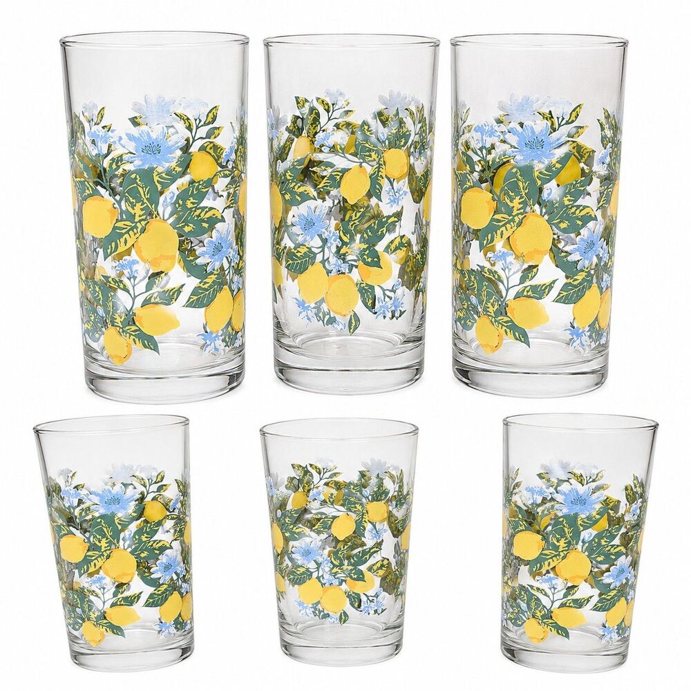 Royal Norfolk Set Of 3 "lemon Floral" 16 Oz. Tall Iced Tea Glasses.